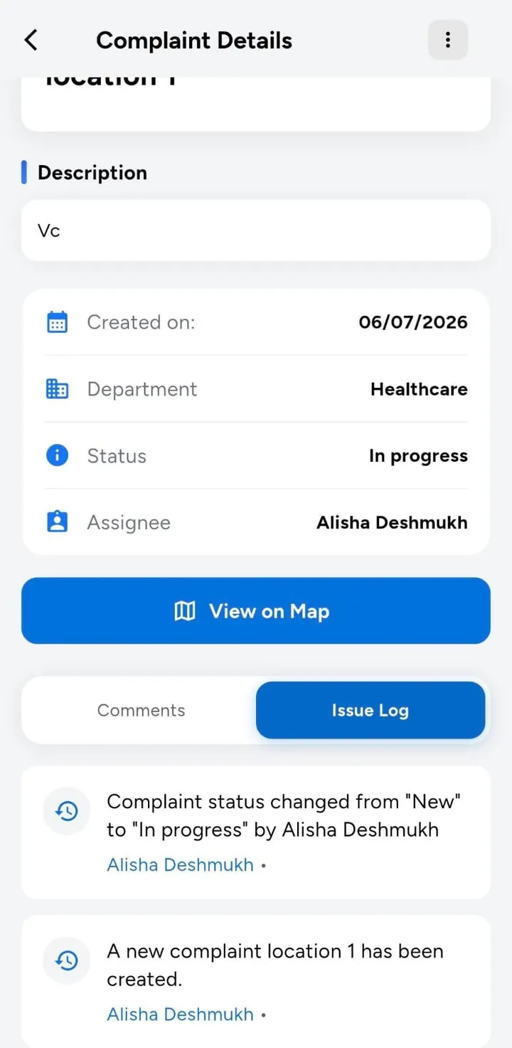 Complaint details, assignee and issue log