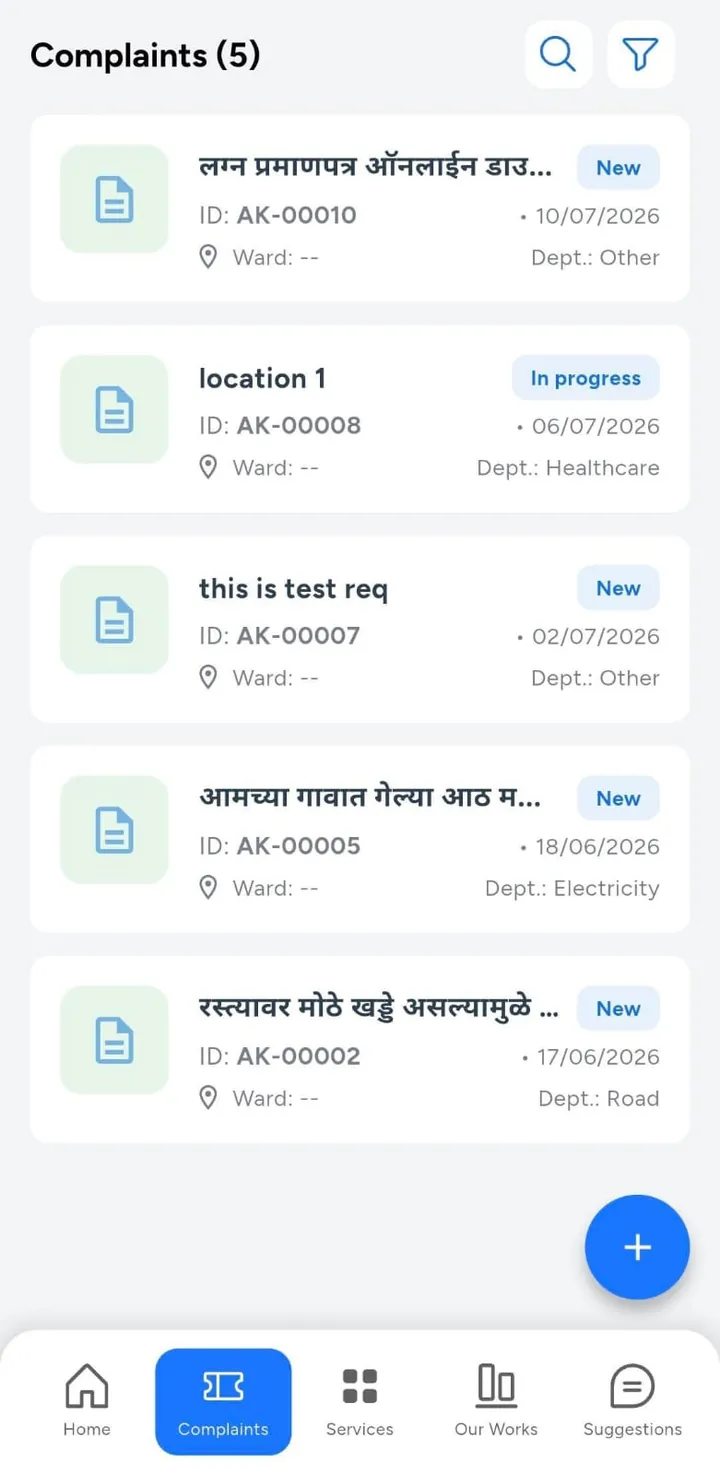 Complaints list with status and department
