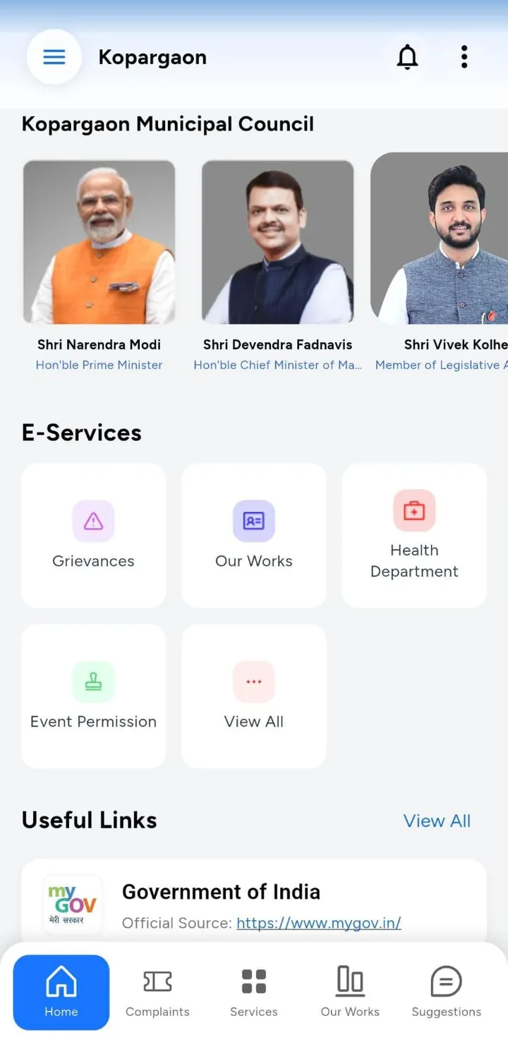 Home with e-services, representatives and useful links