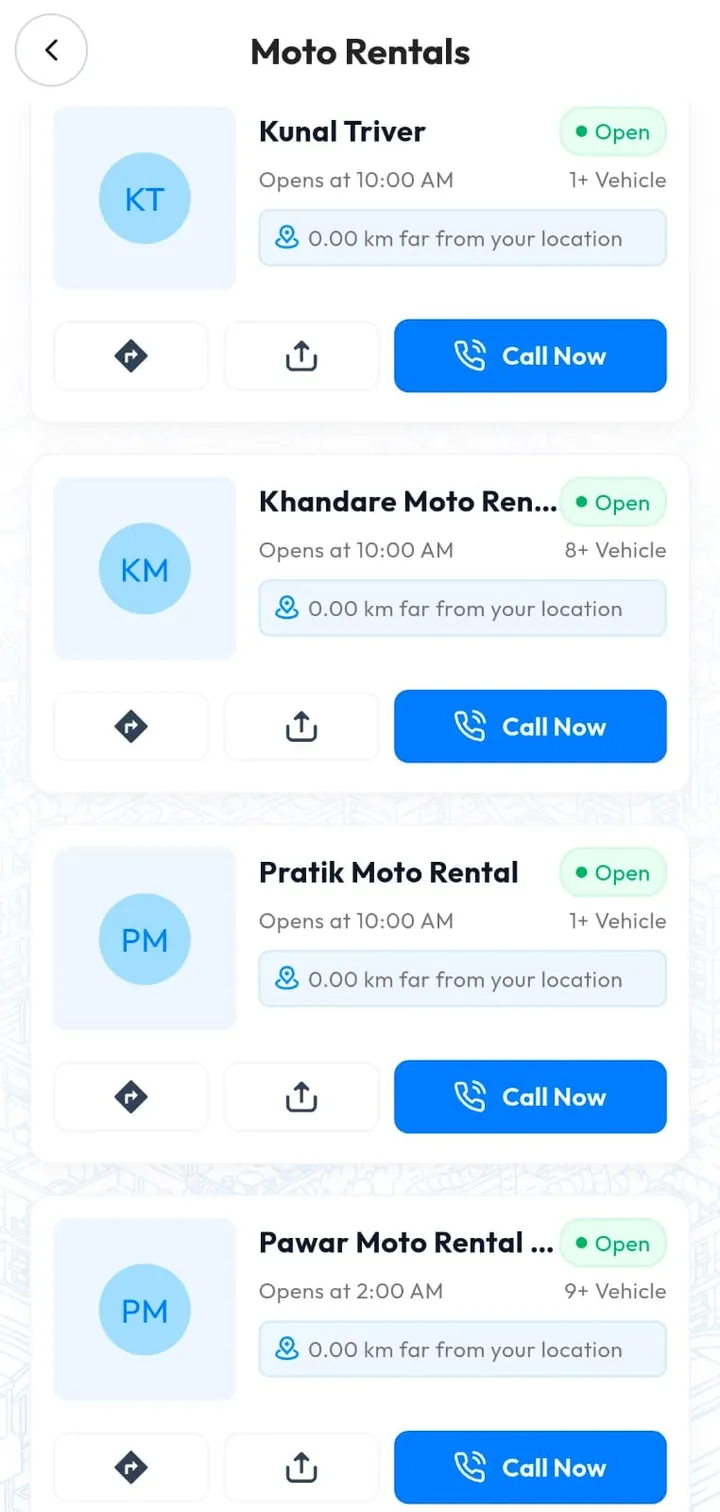 Motorcycle rental listings with distance and one-tap call